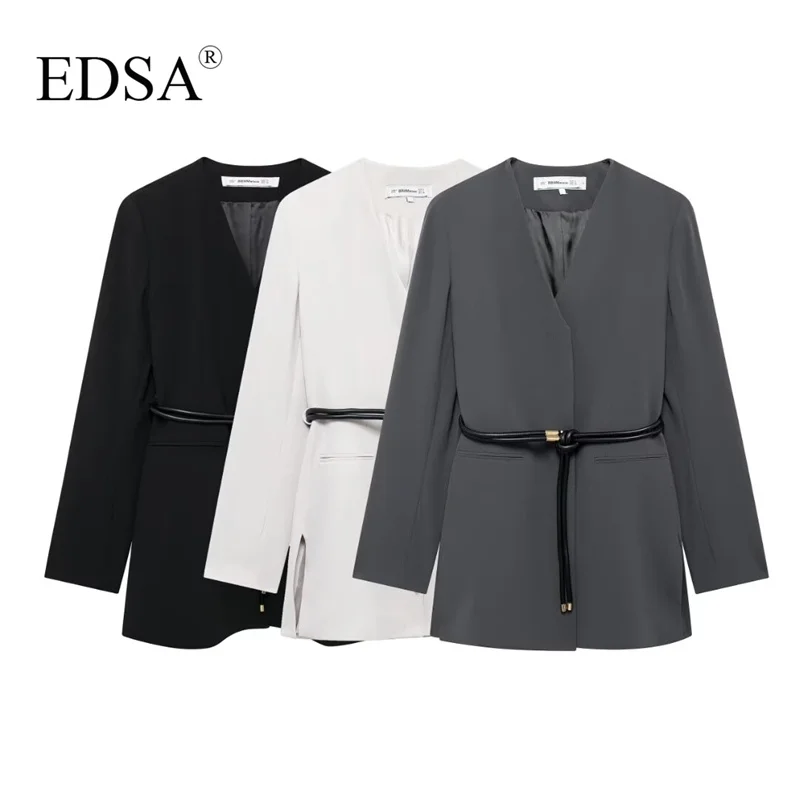 EDSA Women Belt Blazer Long Sleeves with Shoulder Pads V-Neck Jacket Long Sleeves for Office Lady Coat Outerwear – AliExpress